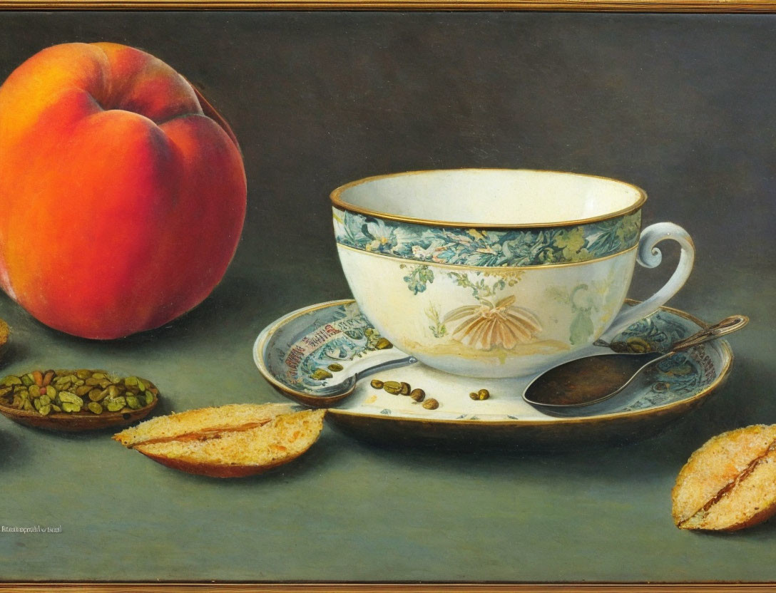 Classic still life with peach, floral tea cup, spoon, coffee beans, and biscotti.