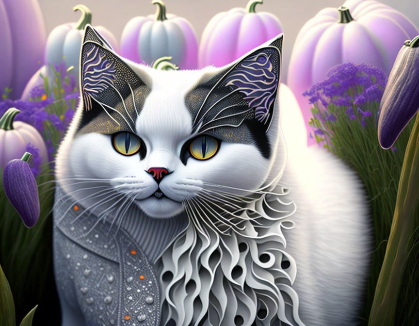 Stylized cat digital art with intricate fur patterns, purple and white flowers, pumpkins