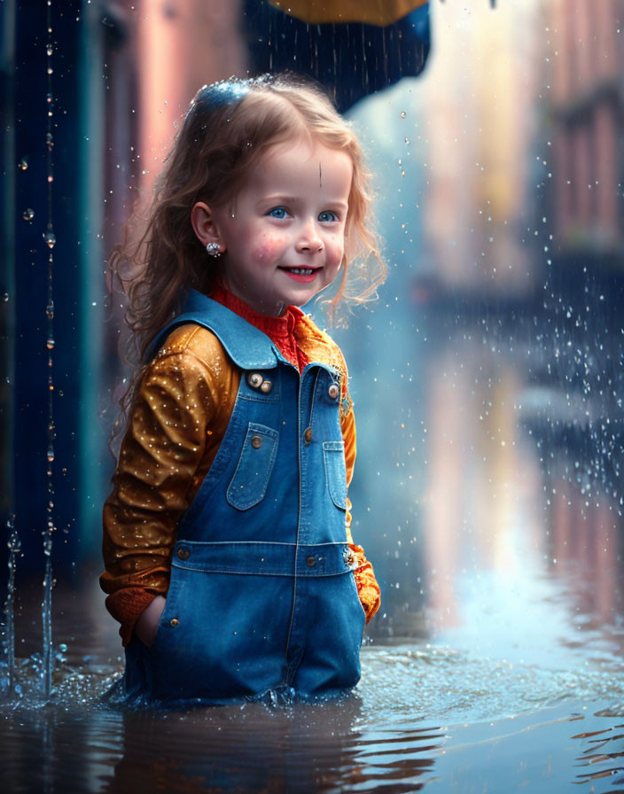 Young girl with curly hair in denim vest standing in puddle with raindrops.