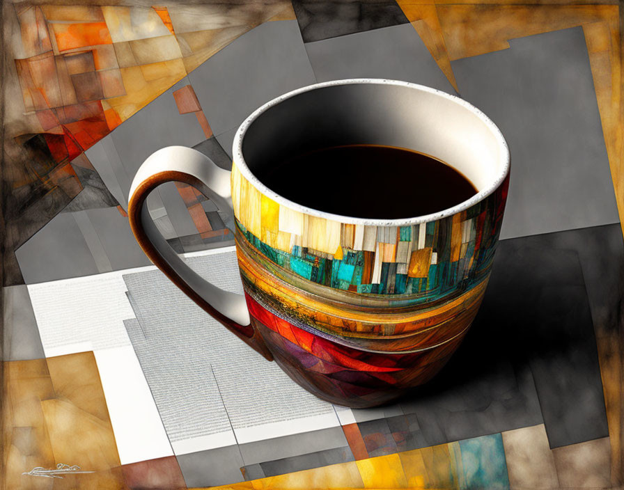 Colorful Coffee Cup with Abstract Geometric Background