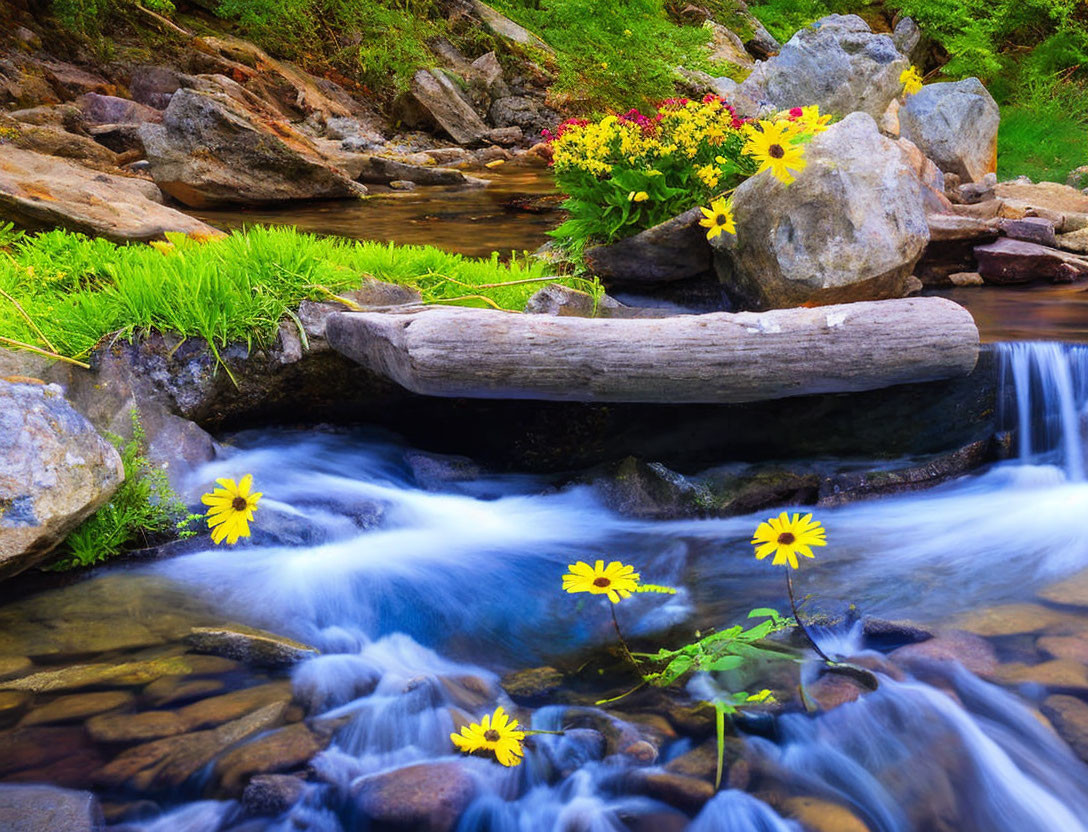 Tranquil stream with footbridge, greenery, rocks, and wildflowers