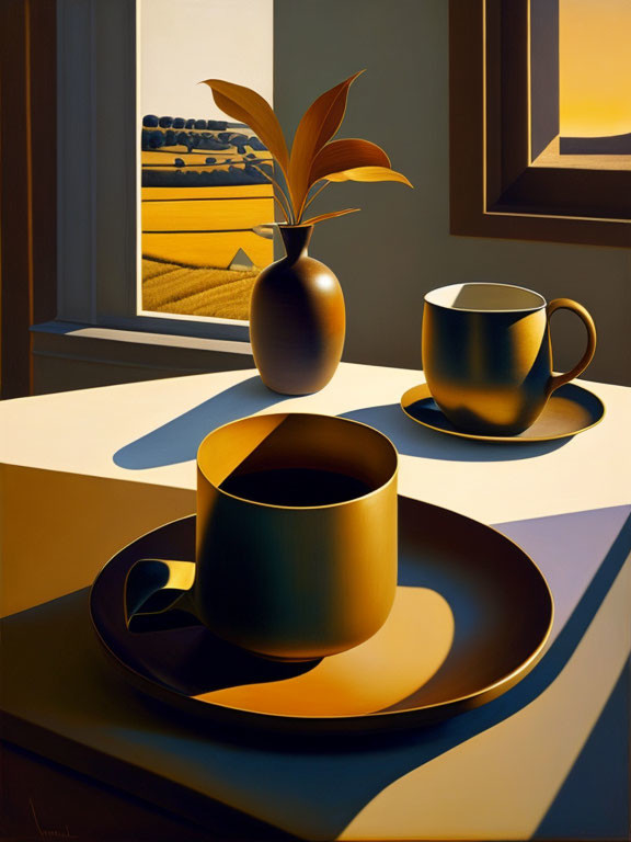 Still life painting: Two cups, vase with leaves, shadows in room with window.