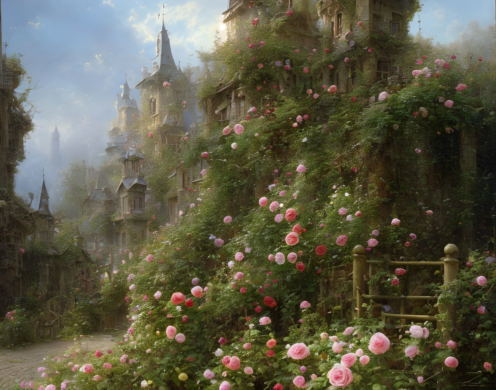 Overgrown building with green foliage and pink roses under golden light