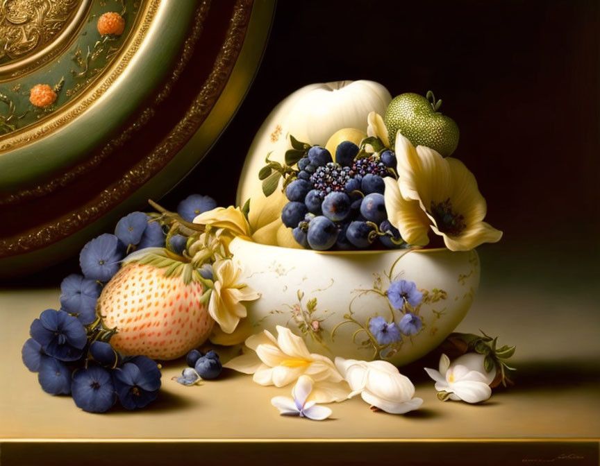 White bowl with fruits and flowers on dark background