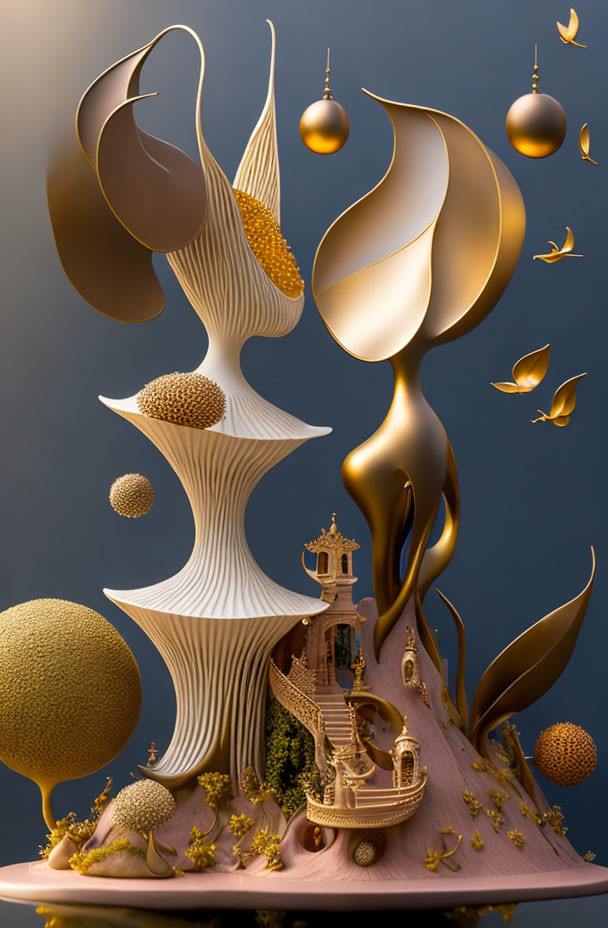 Abstract 3D composition with golden and white structures, spherical elements, and a miniature castle on a