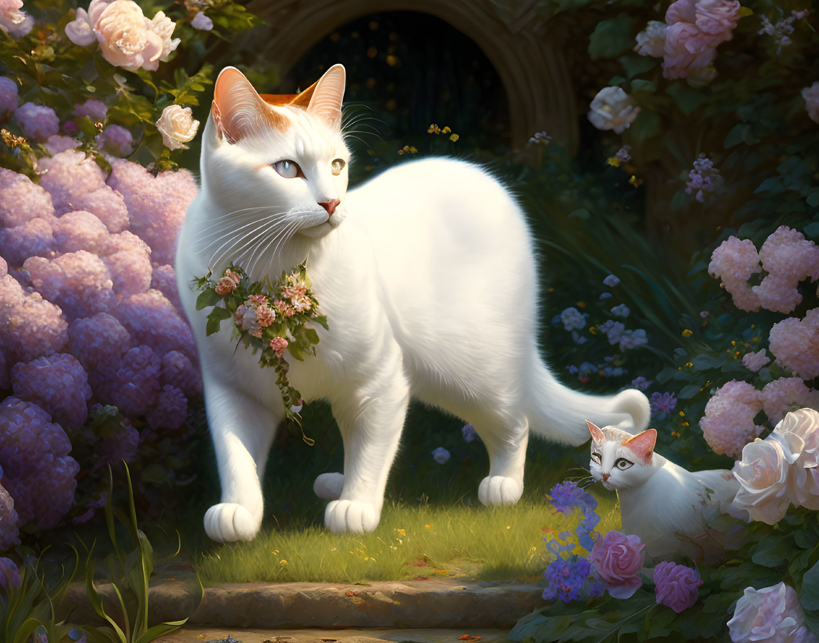 Two white cats in lush garden with hydrangeas and roses