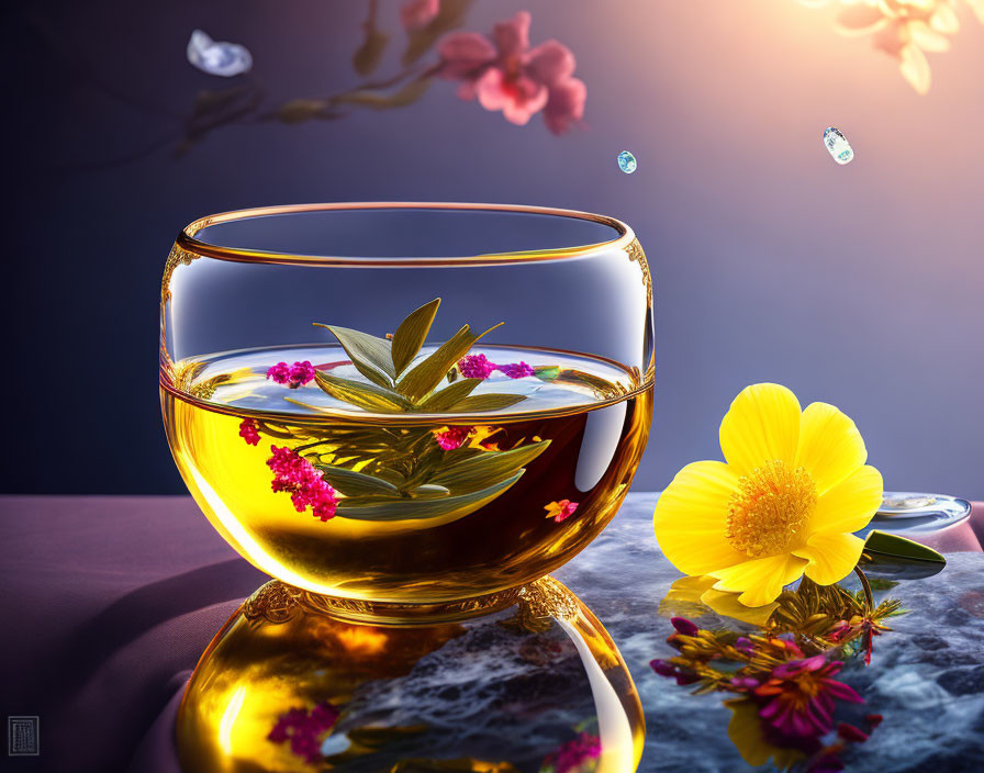 Translucent tea cup with clear tea, infused with flowers, reflecting light.