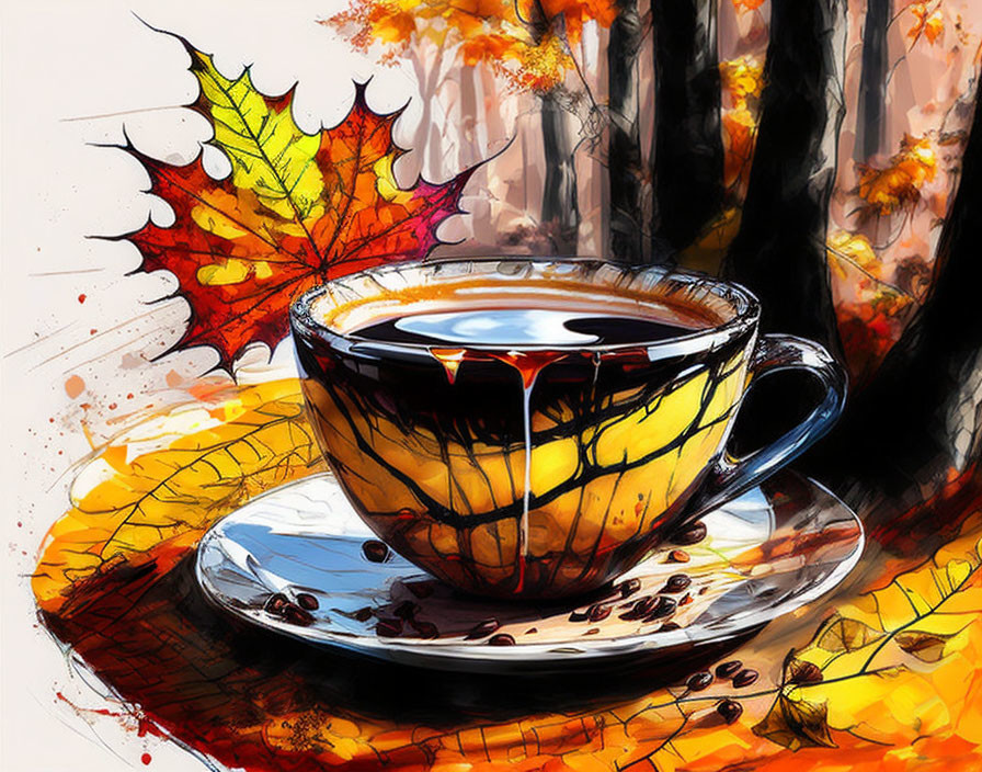 Colorful Coffee Cup Illustration Among Autumn Leaves and Beans in Fall Setting