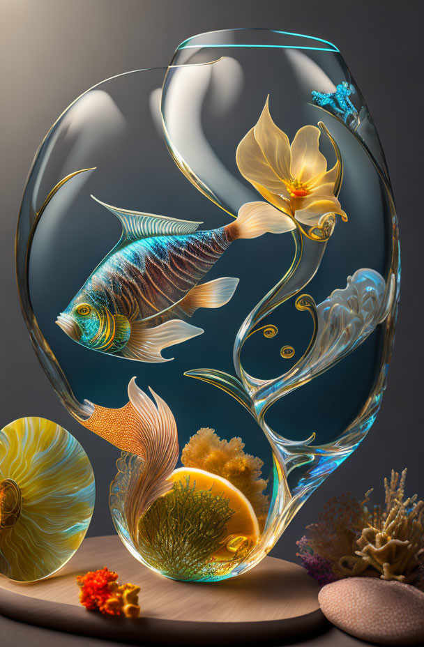 Transparent ornate fishbowl with stylized fish, flora, and coral against moody backdrop