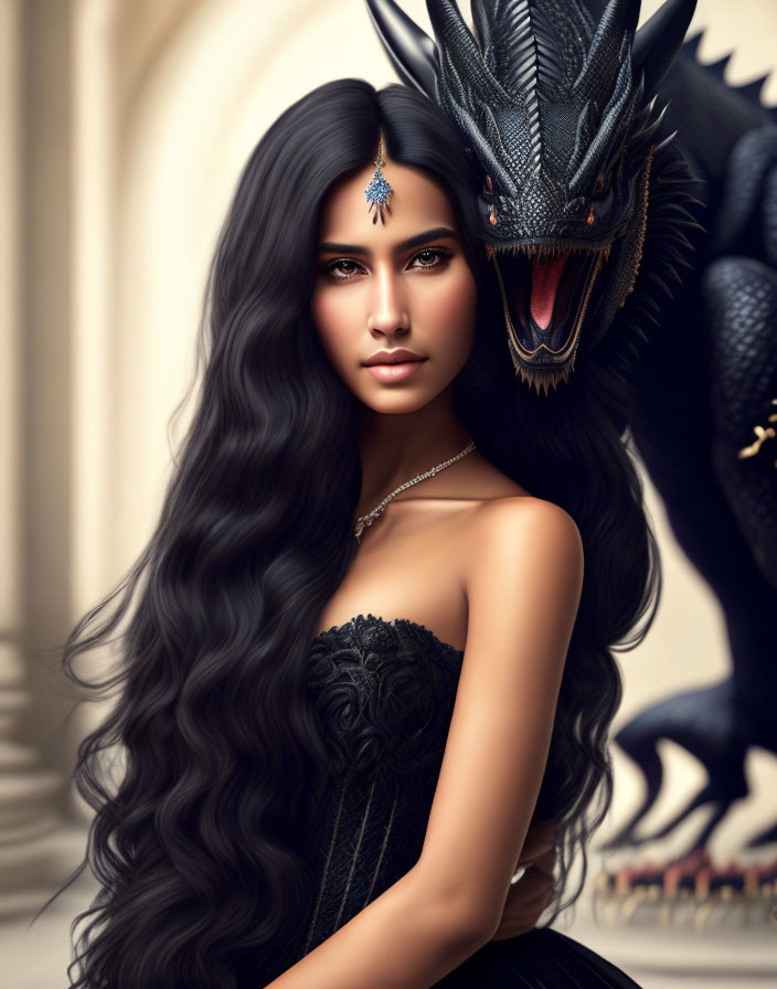 Fantasy image of woman with long black hair and dragon in dark attire.