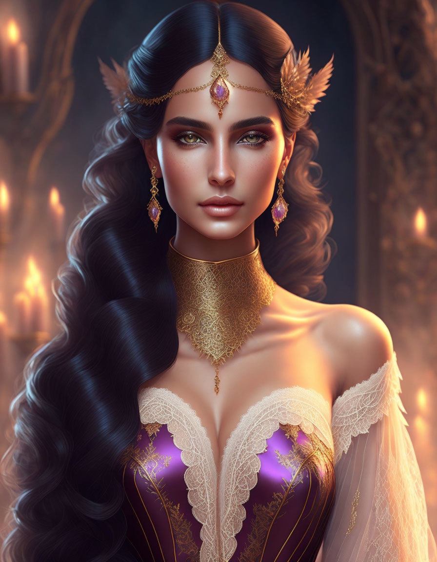 Regal woman with long wavy hair in purple and gold attire