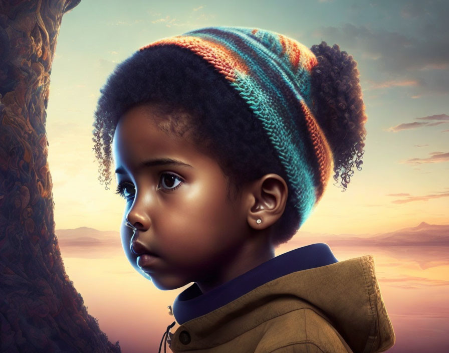 Young child in colorful knit cap and jacket at sunset.