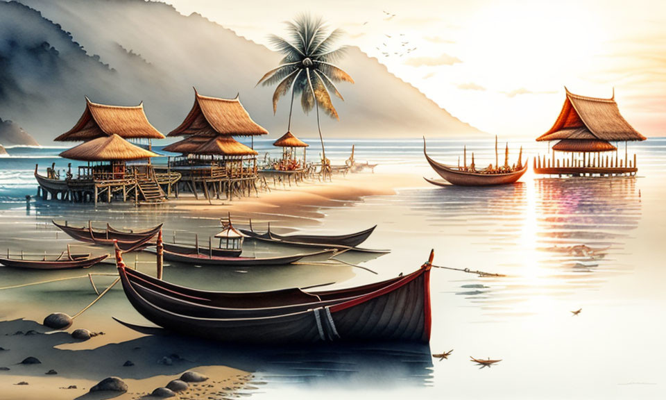 Serenity: Sunset beach with huts, boats, palm trees, and mountains