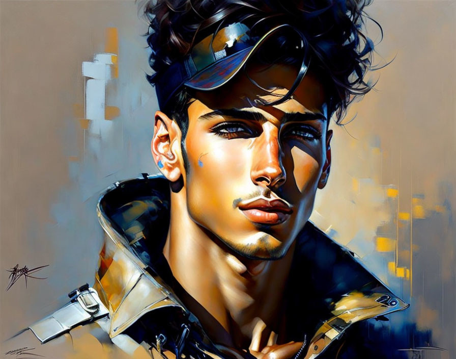 Stylized portrait of young man in camo jacket and aviator sunglasses