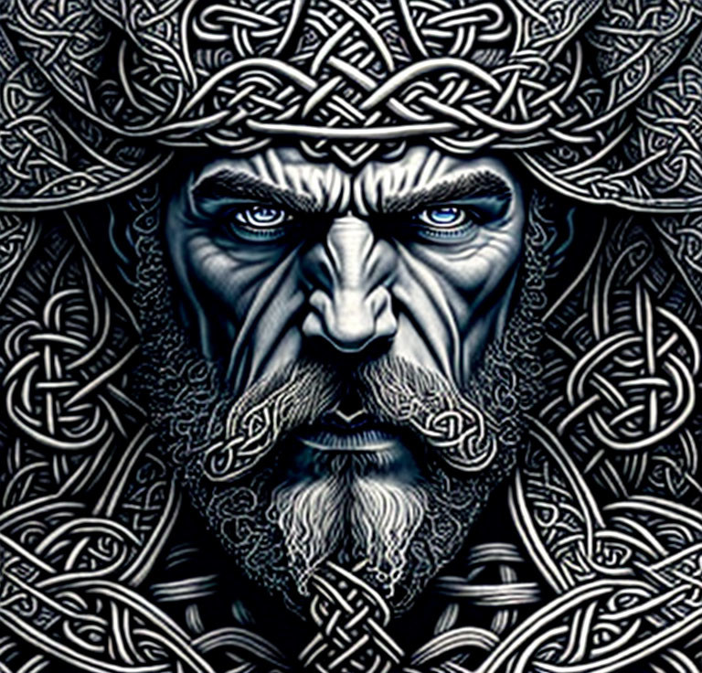 Detailed Digital Art: Bearded Man with Blue Eyes & Celtic Knot Patterns