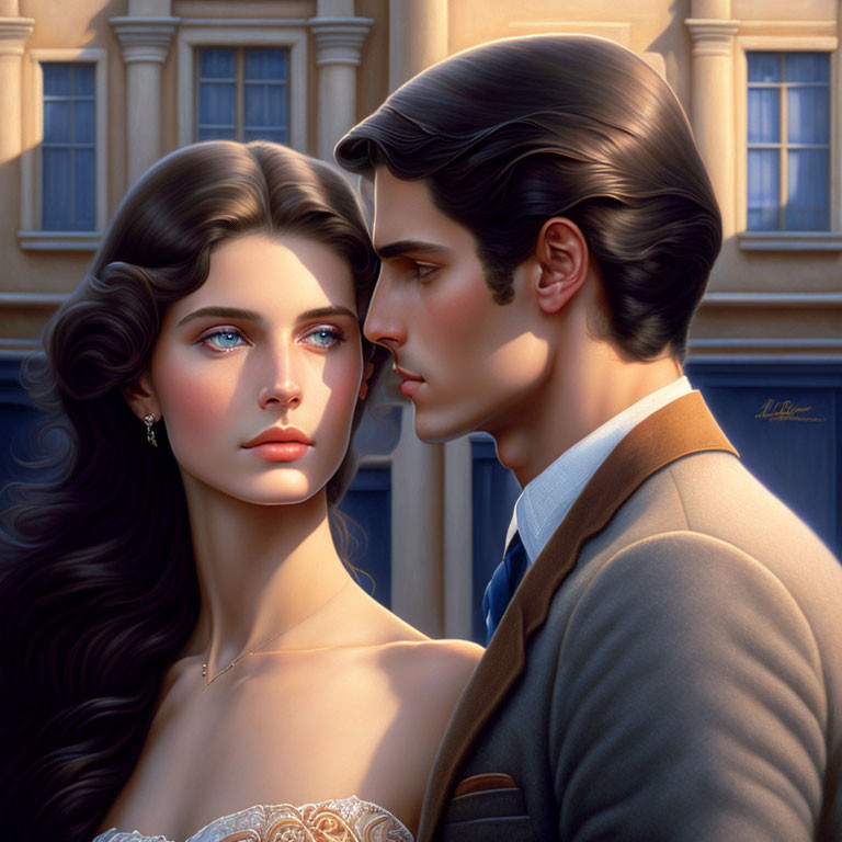 Detailed digital painting of man and woman in vintage attire against building backdrop