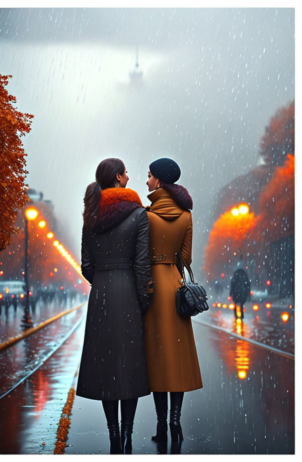 Two women on rainy street with city lights and trees.