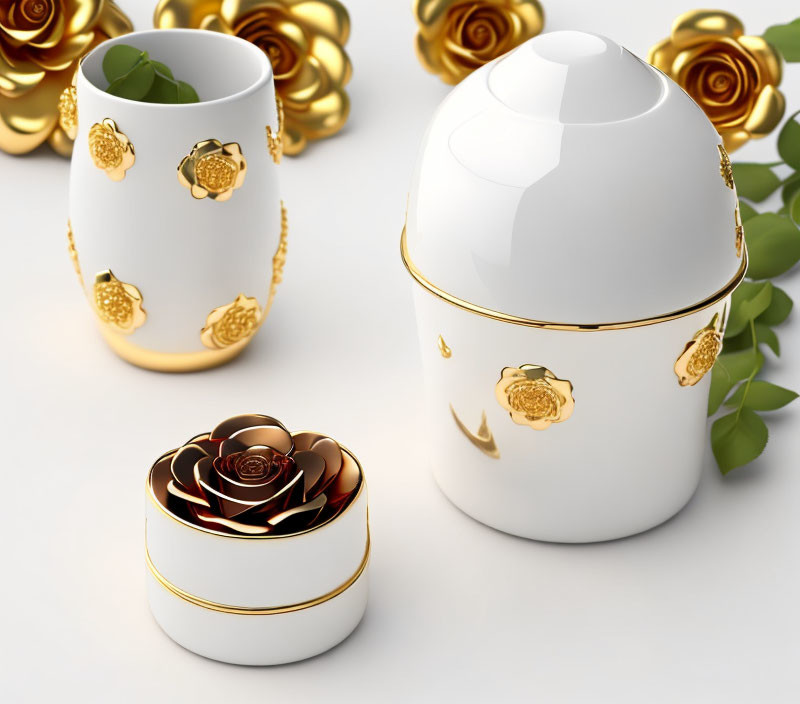 White and Gold Porcelain Containers with Rose Accents and Metallic Gold Roses