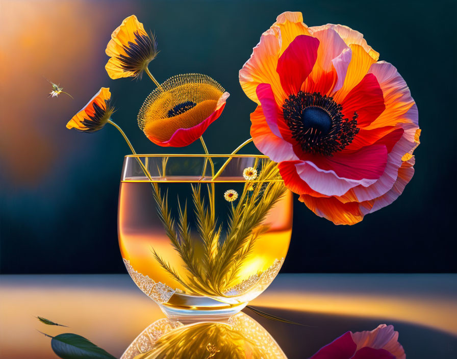 Colorful still life with glass, wheat stalks, poppy flowers, and petals