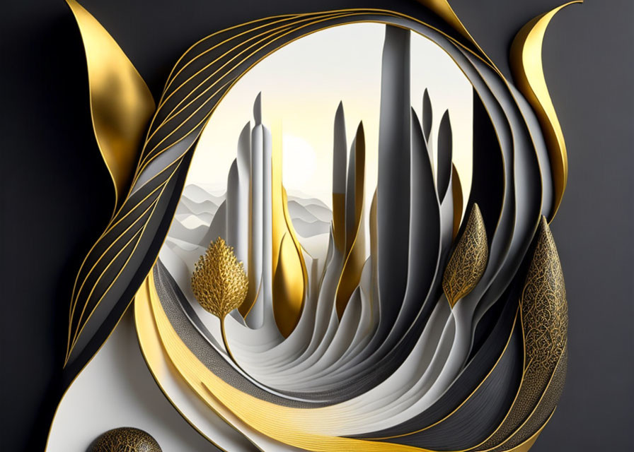 Abstract 3D Art: Swirling Layers & Gold Accents Create Stylized Landscape