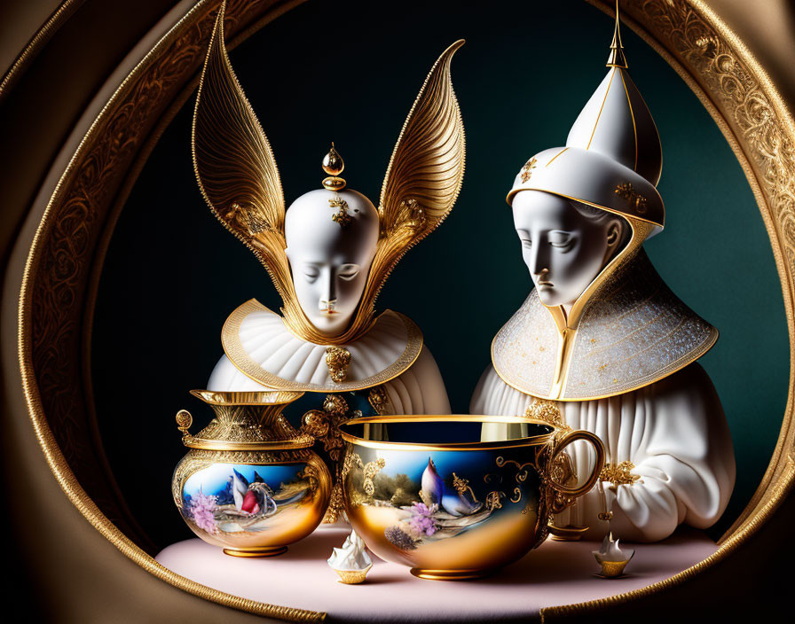 Luxurious Still Life with Porcelain Figures and Golden Cups on Dark Background