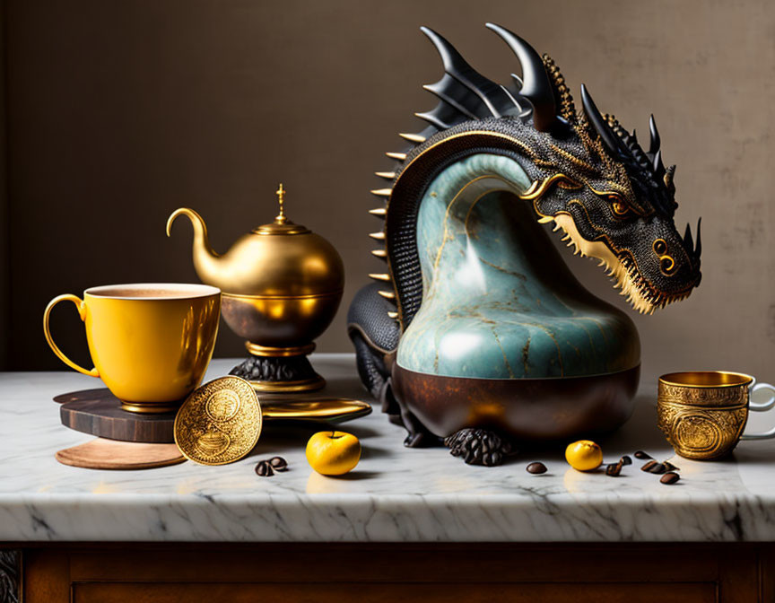 Teapot, Cup, Saucer, Dragon Sculpture, Biscuits, Coffee Beans on Table