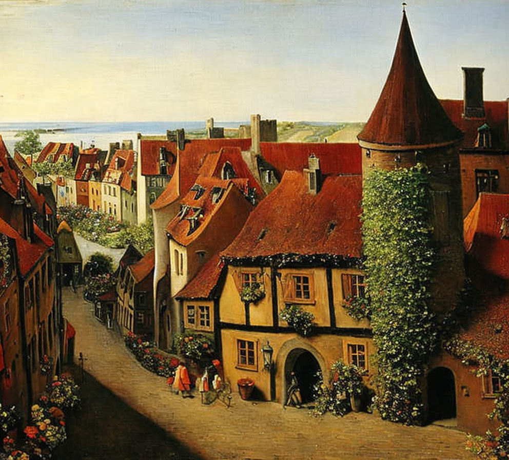 Medieval European village painting with red-roofed houses and sea view