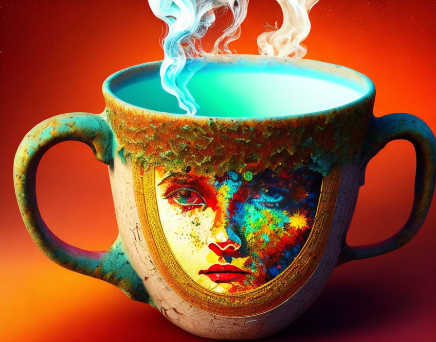 Colorful steaming mug with human-like face on warm backdrop