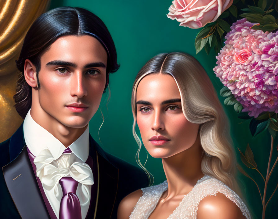 Digital painting of man and woman in formal attire amid lush flowers