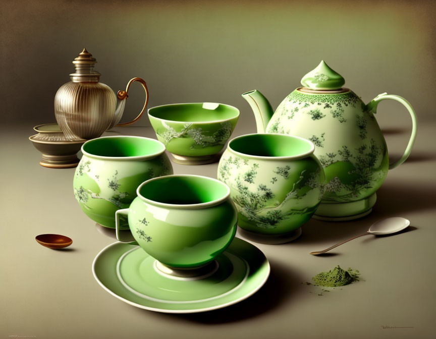 Green Floral Pattern Tea Set with Teapot, Cups, Saucers, Creamer, and Sugar