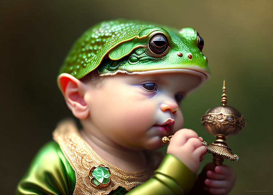 Child and Frog Fusion with Large Eyes and Green Outfit