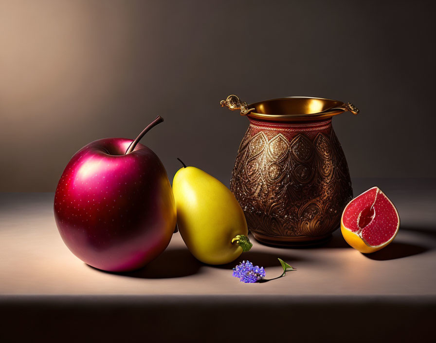 Colorful still life with red apple, yellow pear, golden pot, grapefruit, and blue flower