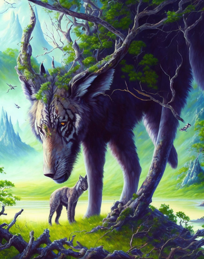 Illustration of giant and normal-sized wolves in misty landscape