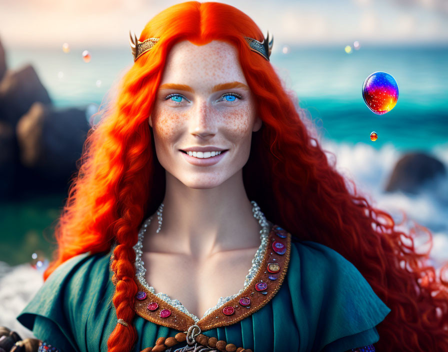 Red-haired female in crown and medieval dress with iridescent orb by the ocean