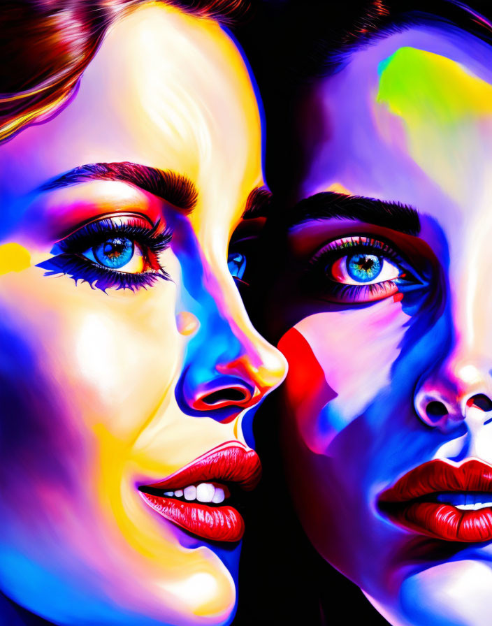 Colorful digital painting of two women's faces with exaggerated, neon-like colors.