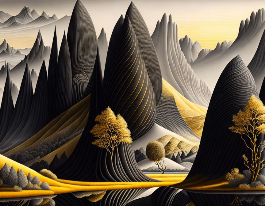 Stylized digital artwork: Rolling hills, textured mountains, golden trees, grey and yellow sky