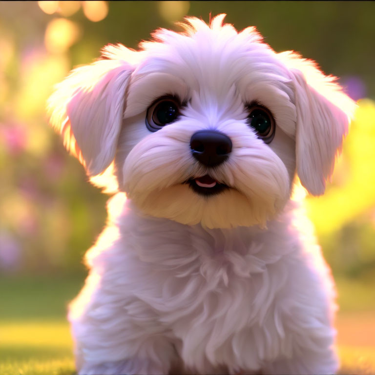 Adorable white puppy with black eyes in golden sunlight