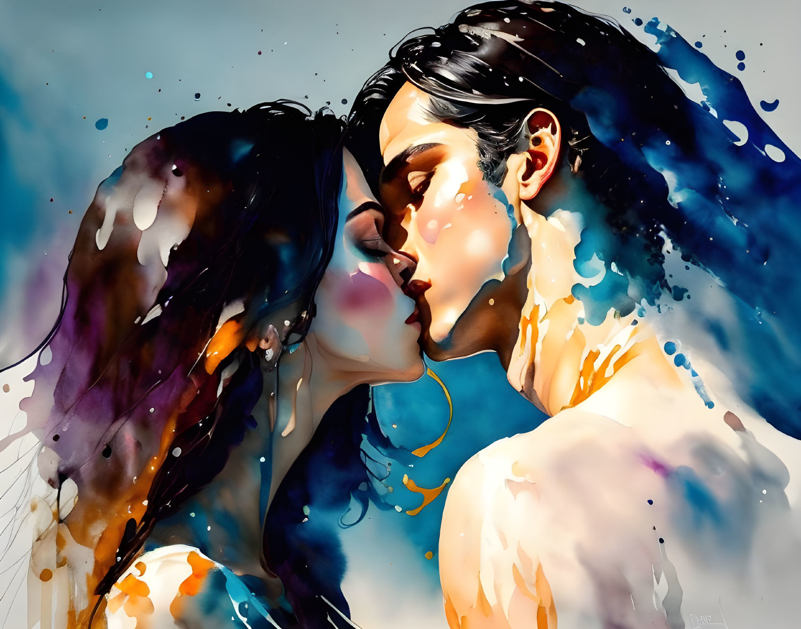 Colorful Watercolor Painting of Couple Embracing