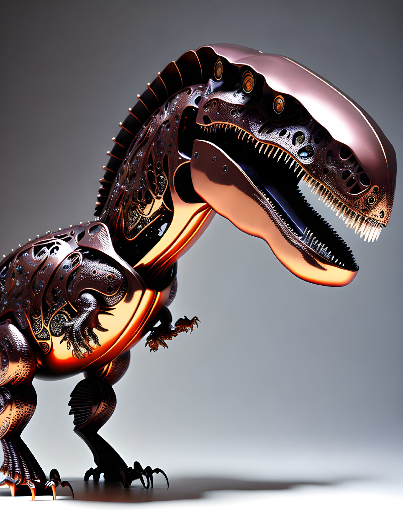 Metallic T-rex sculpture with intricate designs and glowing accents