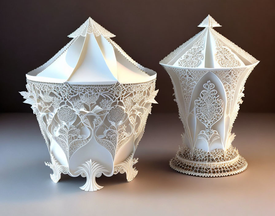 Intricately designed white 3D-printed lanterns with ornate cut-out patterns