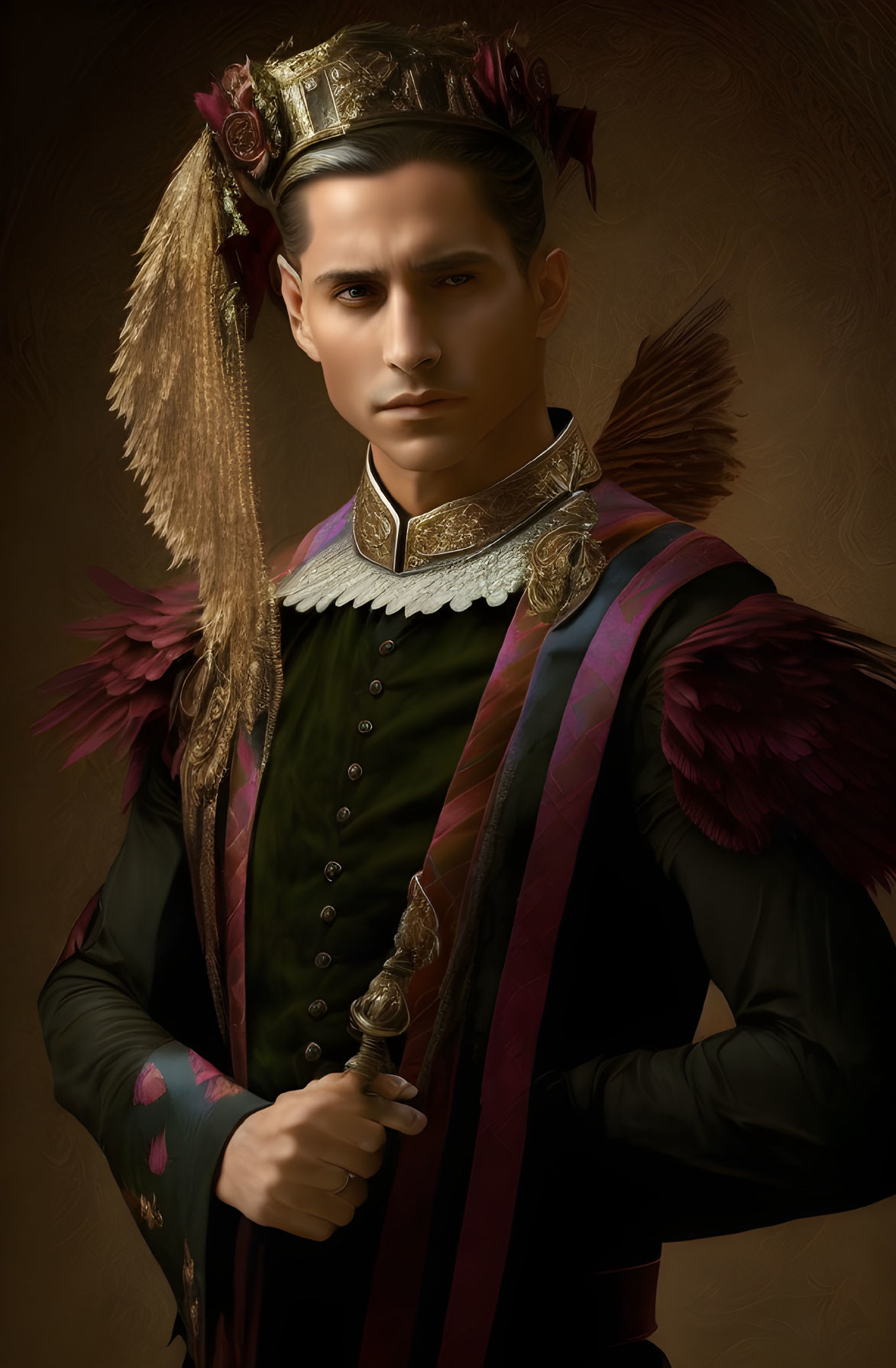 Regal man in Renaissance-style costume with crown and scepter