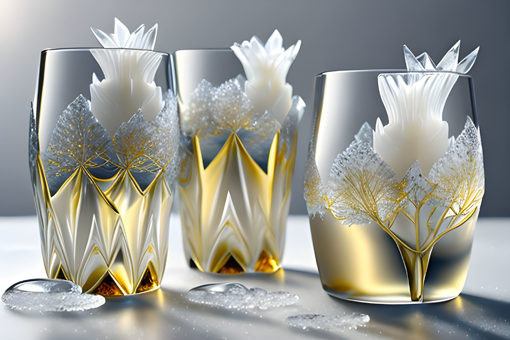 Three Glass Tumblers with Gold Accents and Etched Floral Designs on Grey Background