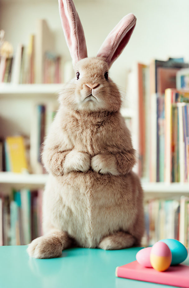 Fluffy brown rabbit on hind legs with Easter eggs and bookshelf in background