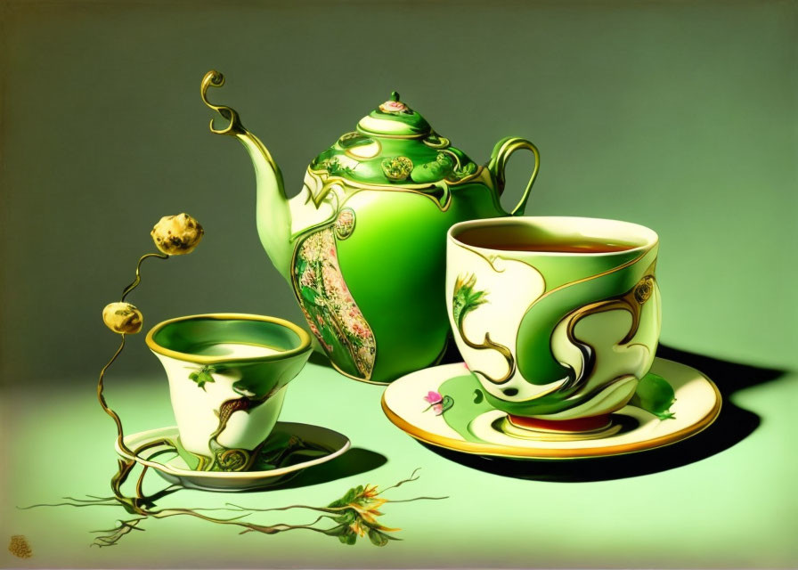 Green and Gold Porcelain Tea Set with Pot, Cups, Saucers, and Floral Decor on