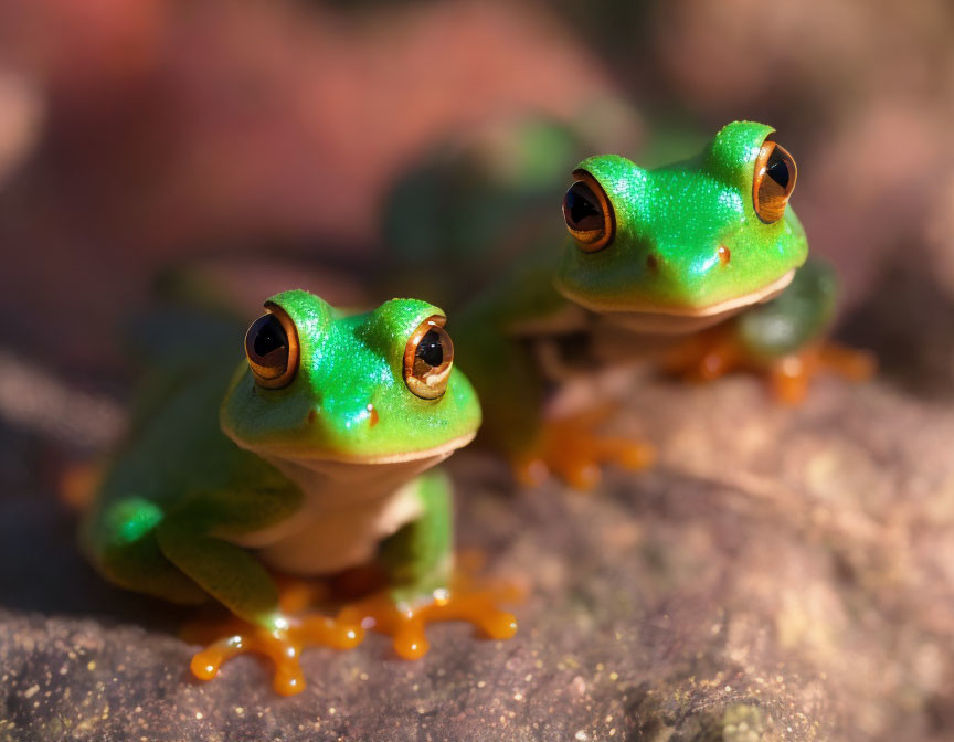 Green Frogs with Orange Feet and Large Eyes on Rock in Natural Light