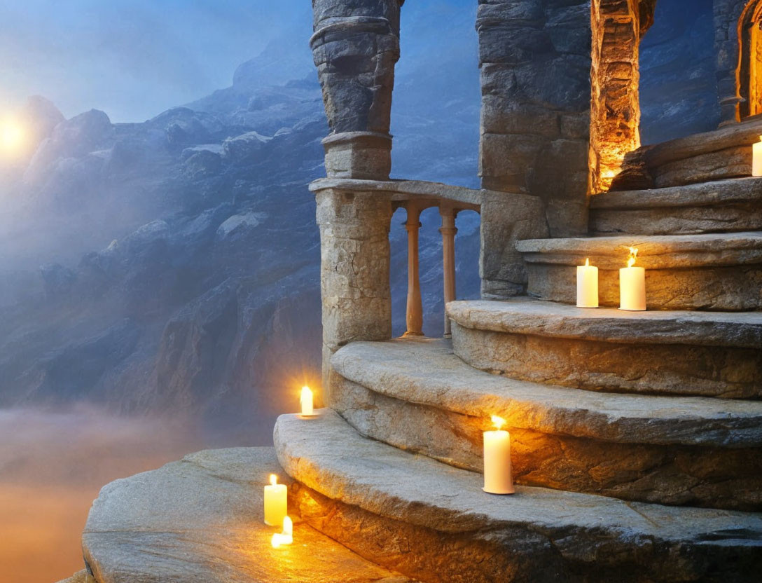 Spiral Staircase with Candles Overlooking Misty Mountains at Twilight