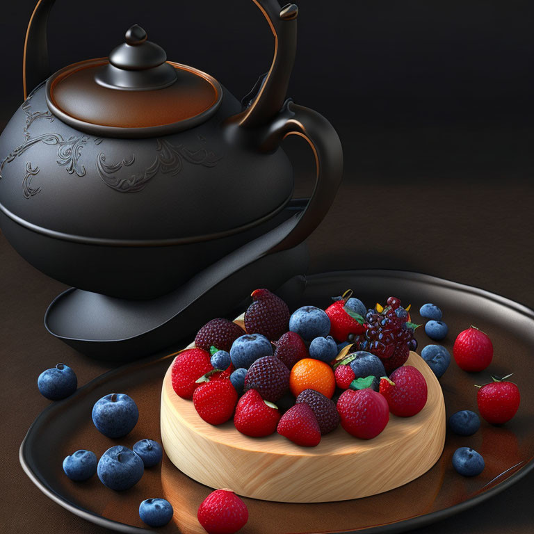 Ornate clay teapot with colorful berries on wooden board