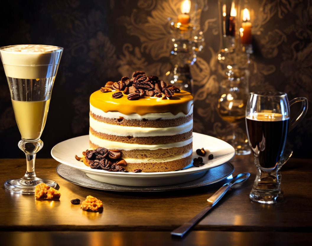 Layered Coffee Cake with Glaze and Coffee Beans in Elegant Setting