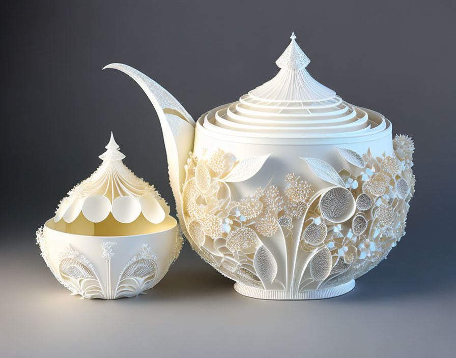 White Teapot and Sugar Bowl with Onion Dome Lid and Floral Relief Designs