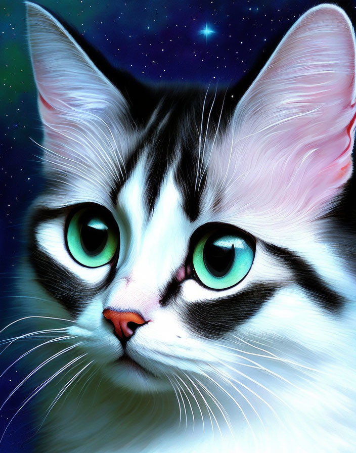 White Cat with Turquoise Eyes in Cosmic Setting